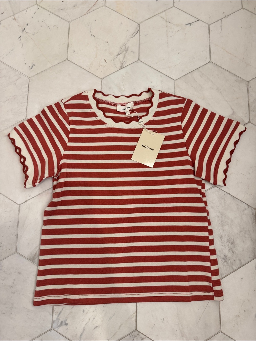 Bohme Clay & Cream Striped Scallop-Trim Tee